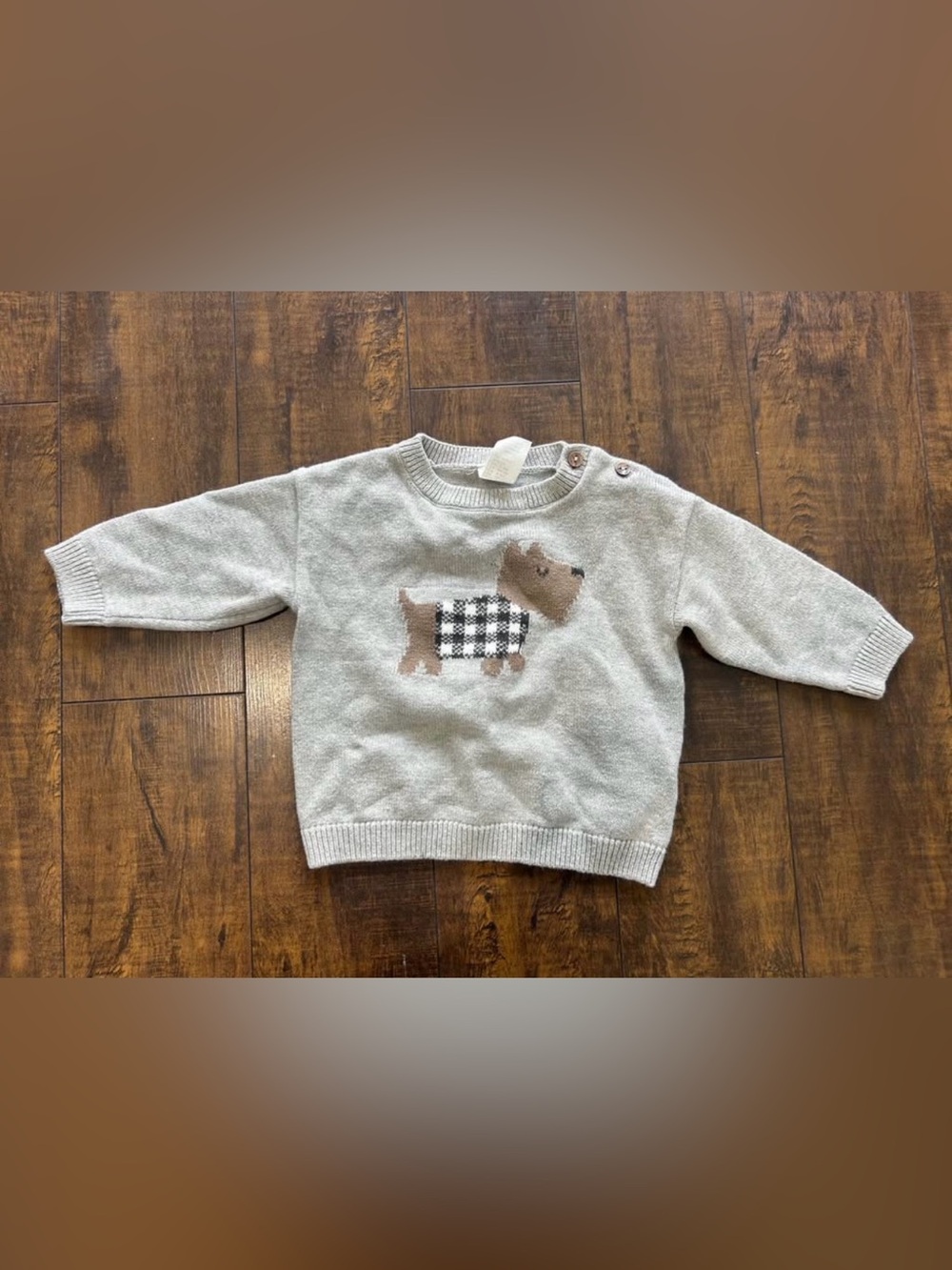 H&M Light Gray Knit Sweater with Plaid Dog Applique
